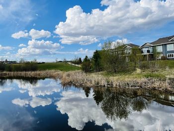 Scenic view of lake by building against sky