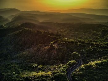 High angle view of landscape against sky during sunset