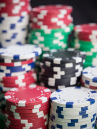 Close-up of stacked gambling chips 