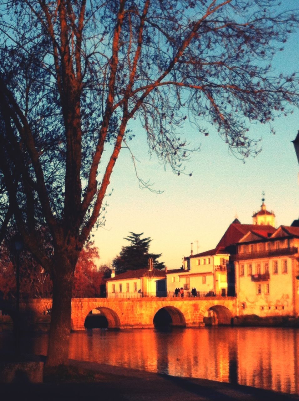 architecture, built structure, building exterior, water, tree, bare tree, river, bridge - man made structure, canal, connection, clear sky, branch, reflection, bridge, sky, waterfront, city, residential building, house, arch