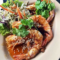 High angle view of food served in plate