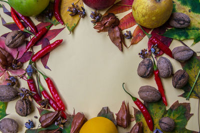 High angle view of chopped fruits on table