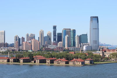 City at waterfront against clear sky