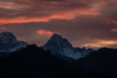 Scenic view of snowcapped mountains against sky during sunset