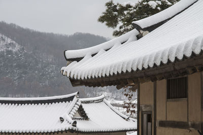 Snow covered roof against sky