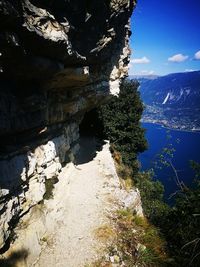 High angle view of rock formation against sky