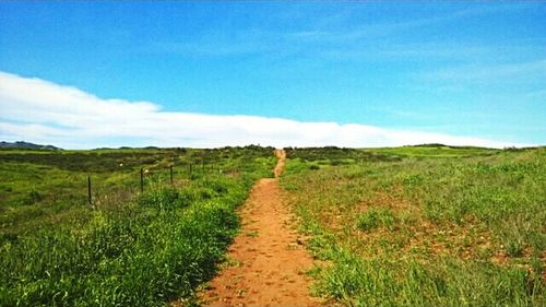 Dirt road on grassy field against cloudy sky