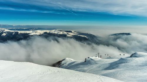 Scenic view of snow covered mountains against sky