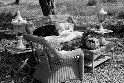 High angle view of chairs on table in park
