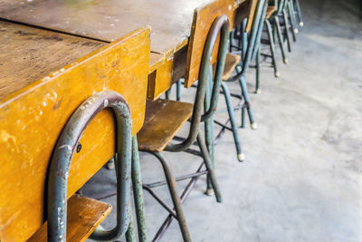 High angle view of empty chairs on table