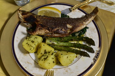 High angle view of fish served in plate