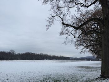 Scenic view of snow covered field against sky