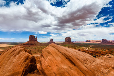 Panoramic view of rock formations against cloudy sky