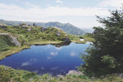 Scenic view of lake and mountains against sky