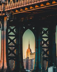 Empire state building against clear sky seen through bridge during sunset