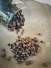 High angle view of coffee beans on table