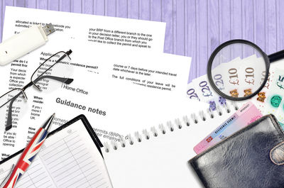 High angle view of pen and book on table