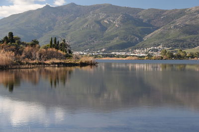 Scenic view of lake and mountains against sky