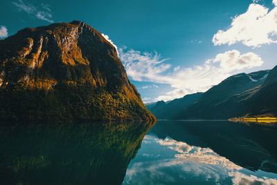 Scenic view of lake by mountains against sky