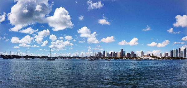 Panoramic view of sea and buildings against sky