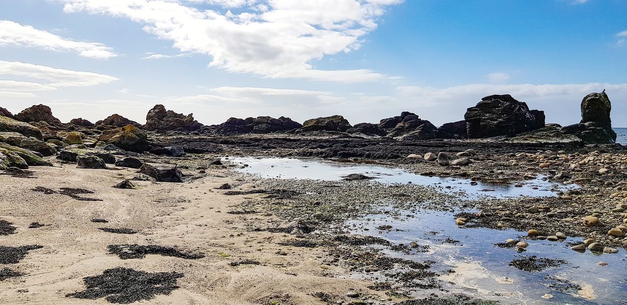 SCENIC VIEW OF ROCKS ON BEACH AGAINST SKY