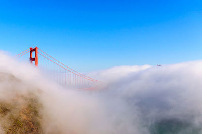 Golden gate bridge appearing through the clouds