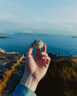 Close-up of hand holding sunglasses against sea