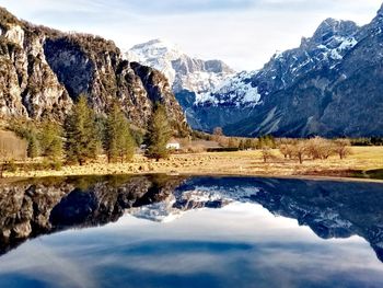 Scenic view of lake and snowcapped mountains against sky