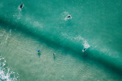 High angle view of people surfing in sea