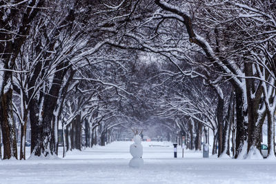 Snowman and bare trees on snow covered field 