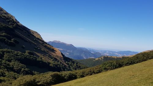 Scenic view of mountains against clear blue sky