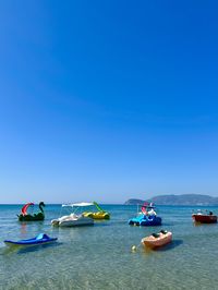 People on beach against clear blue sky