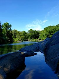 Scenic view of lake against blue sky