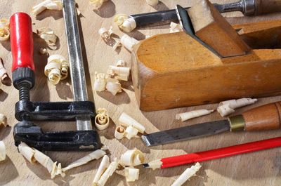 High angle view of tools on table