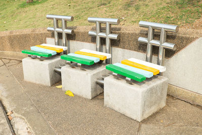 High angle view of multi colored toy on field