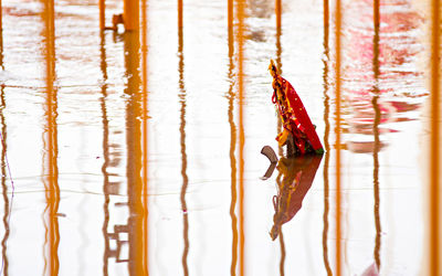 Fabric with reflection on lake 