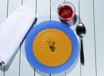 High angle view of breakfast on table