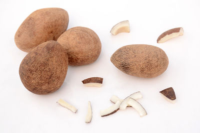 High angle view of cookies against white background