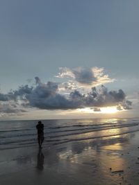 Rear view of man standing at beach during sunset
