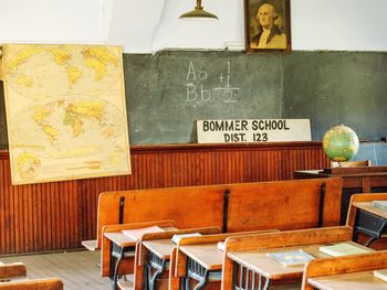 Empty chairs and tables in restaurant