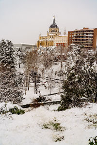 Snow covered trees by building against sky