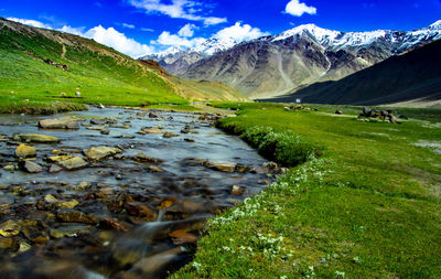 Scenic view of stream amidst field against sky