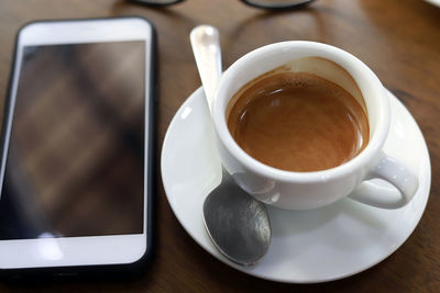 High angle view of coffee cup on table