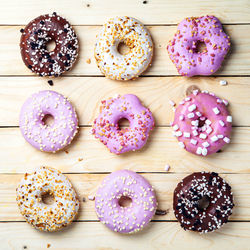 High angle view of donuts on table