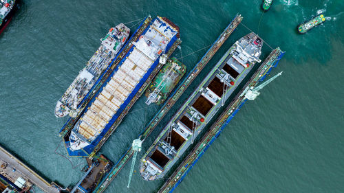 High angle view of boats in sea