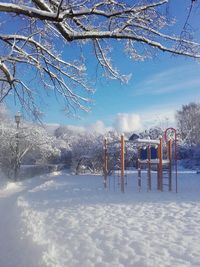 Snow covered trees against blue sky