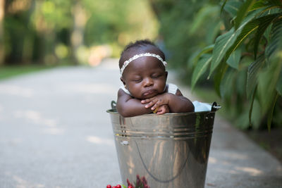Baby with eyes closed inside bucket on road by plants