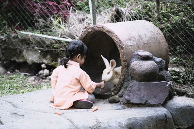 Cute girl feeding carrot to rabbit outdoors