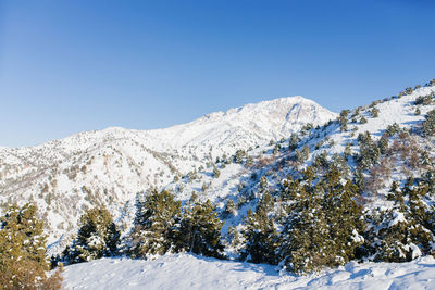 Winter mountain landscape from mount kumbel in uzbekistan. beldersay