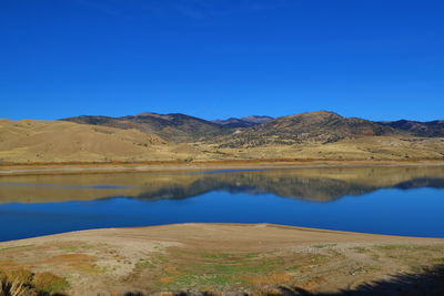 Scenic view of lake and mountains against clear blue sky